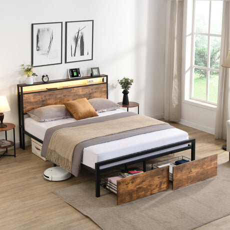 Full size bedstead with storage headboard and 2 drawers, LED light bed with charging station, metal Flat noodles support - V.I.P Digital Presence