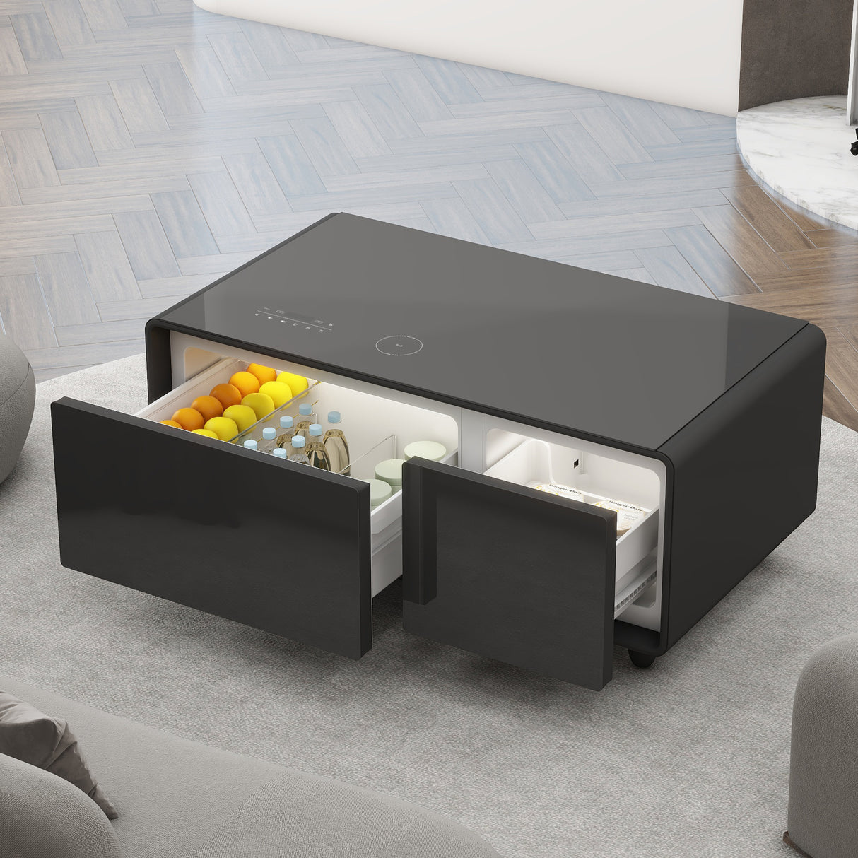 Modern Smart Coffee Table with Built-in Fridge, Bluetooth Speaker, Wireless Charging, Touch Control Panel, USB Interface Black - V.I.P Digital Presence