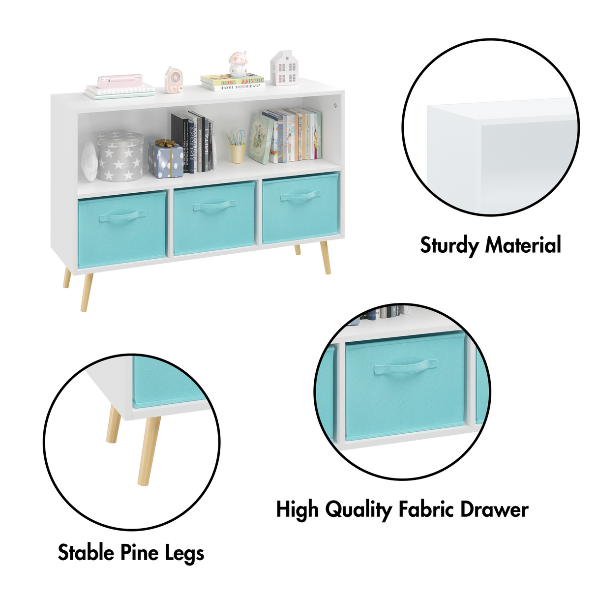 Kids bookcase with Collapsible Fabric Drawers Children's Book Display Toy Storage Cabinet Organizer White/Blue