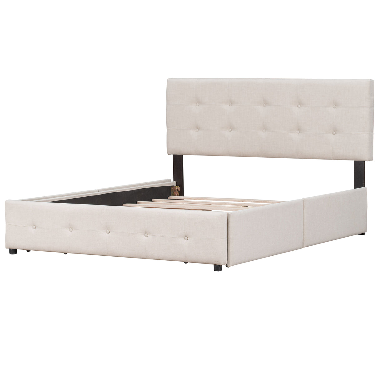 Upholstered Platform Bed with Classic Headboard and 4 Drawers No Box Spring Needed Linen Fabric Queen Size Beige - V.I.P Digital Presence