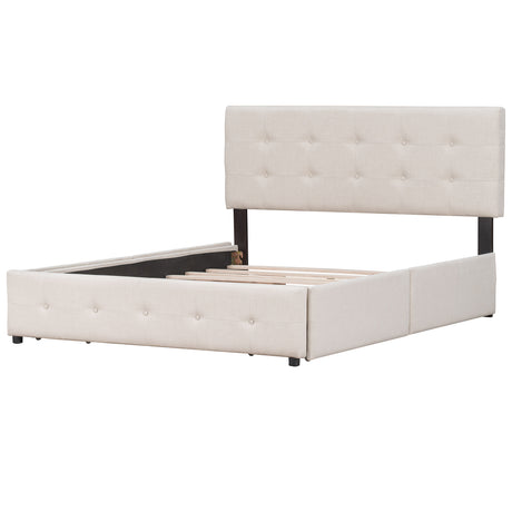 Upholstered Platform Bed with Classic Headboard and 4 Drawers No Box Spring Needed Linen Fabric Queen Size Beige - V.I.P Digital Presence