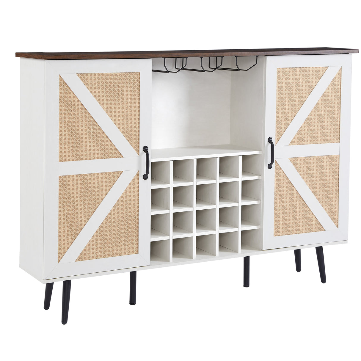 White Faux Rattan Barn Door Wine Cabinet with Wine Rack and Wine Glass Rack, Double Door Design with Removable Shelves - V.I.P Digital Presence