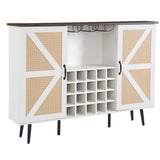 White Faux Rattan Barn Door Wine Cabinet with Wine Rack and Wine Glass Rack, Double Door Design with Removable Shelves - V.I.P Digital Presence