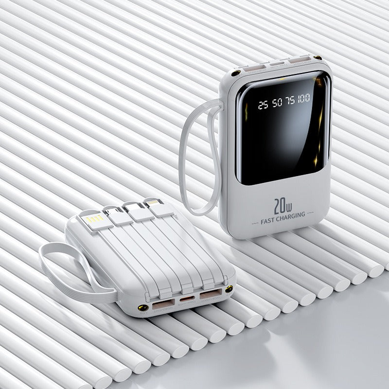 Mini banco de energía portátil de carga rápida de gran capacidad de 20000 mAh con línea autónoma