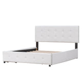 Upholstered Platform Bed with Classic Headboard and 4 Drawers No Box Spring Needed Linen Fabric Queen Size White - V.I.P Digital Presence