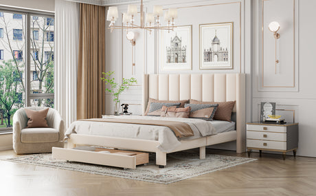 Queen Size Storage Bed Velvet Upholstered Platform Bed with a Big Drawer - Beige - V.I.P Digital Presence