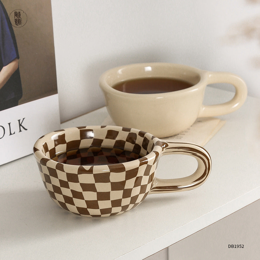 A 300ml ceramic retro couple checkerboard grid small capacity milk white wind mug coffee cups - V.I.P Digital Presence