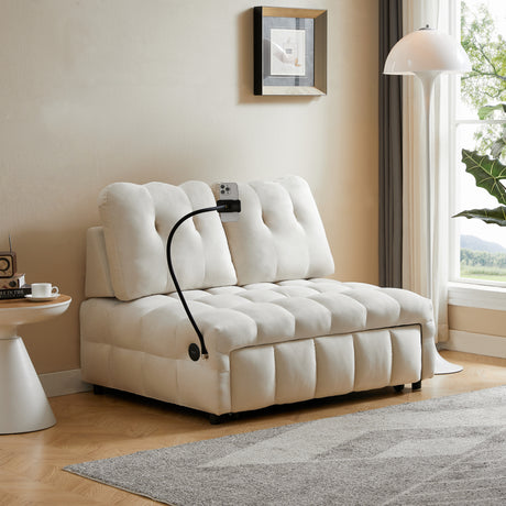 Modern sofa velvet pull-out bed,Independently removable backrest, have USB port and swivel phone stand ,beige - V.I.P Digital Presence