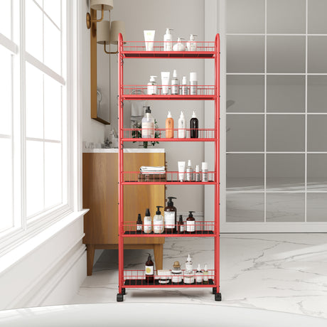 Red 6-story rolling cart gap kitchen ultra-thin sliding out storage tower shelf with wheels, 6 baskets - V.I.P Digital Presence