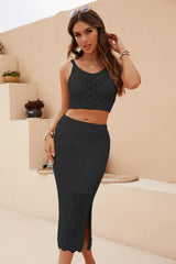 Chic Openwork Cropped Tank & Split Skirt Set