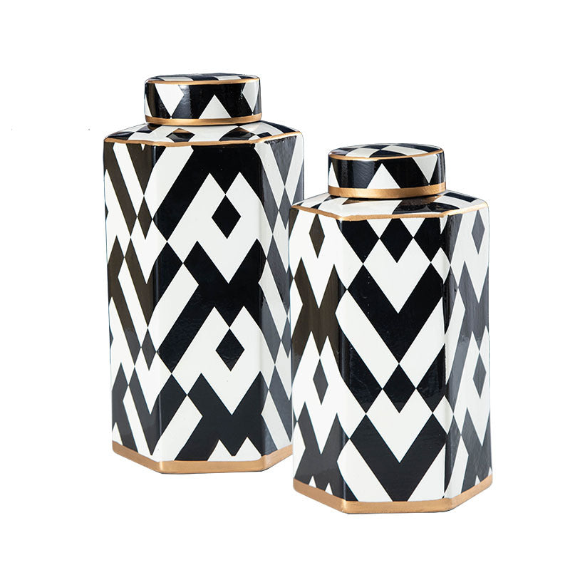 Geometric Black and White Striped Storage Jar Household Ceramic Candy Sealed Jar Vase Sundries Container Home Decoration - V.I.P Digital Presence