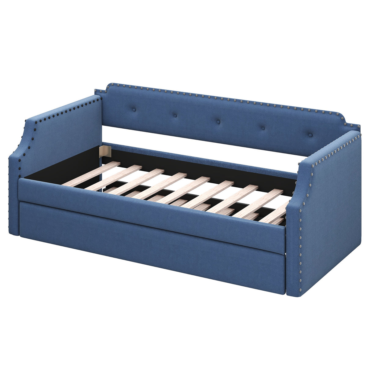 Upholstered Daybed with Trundle, Wood Slat Support,Upholstered Frame Sofa Bed Twin Blue - V.I.P Digital Presence