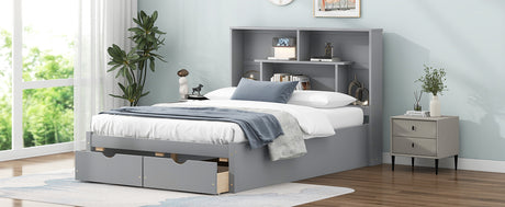 Full Size Platform Bed with Storage Headboard and 2 Drawers, Gray - V.I.P Digital Presence