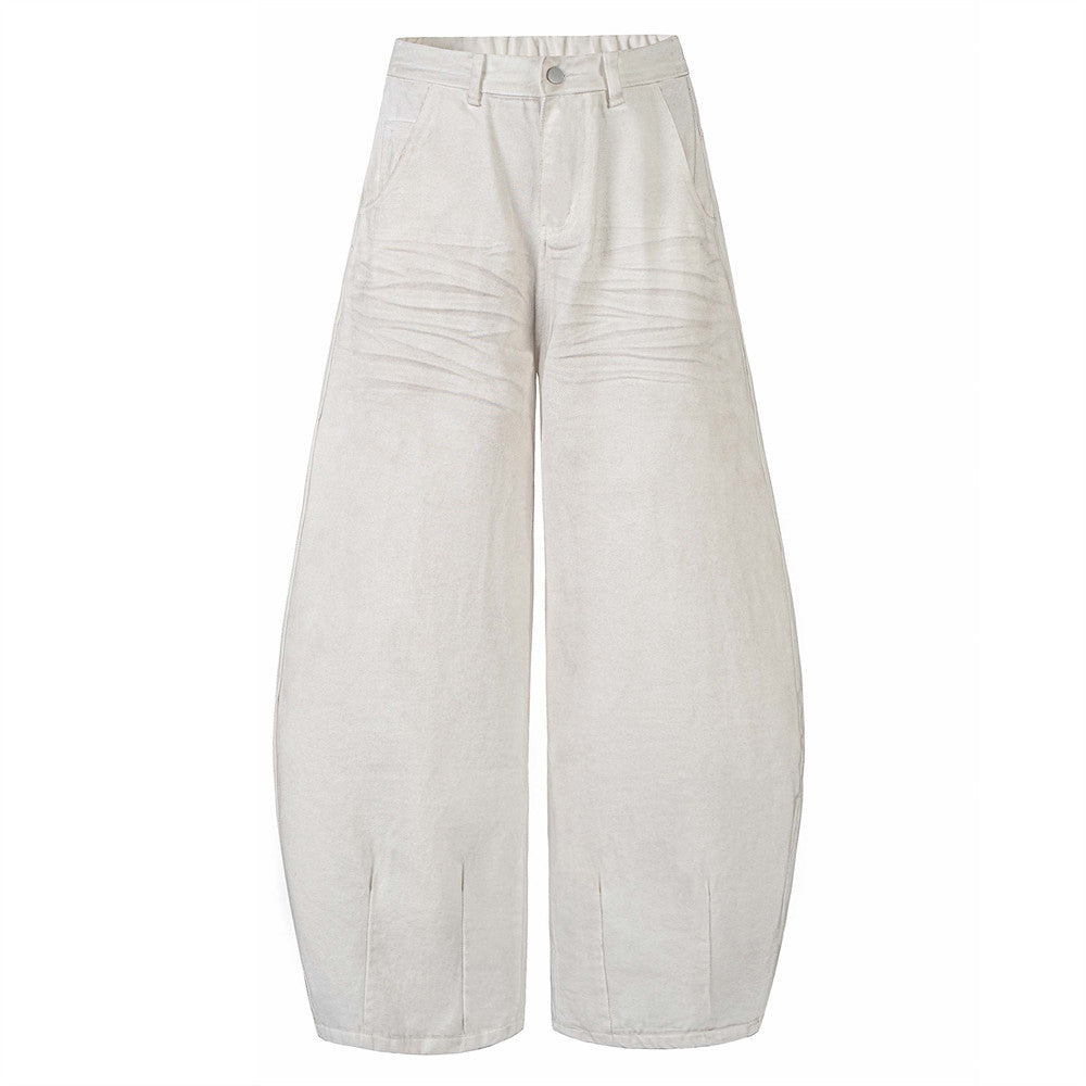 Sprayed and Distressed Denim Tapered Pants with High Street Punk Pocket Design, Loose Wide Leg Long Pants - V.I.P Digital Presence