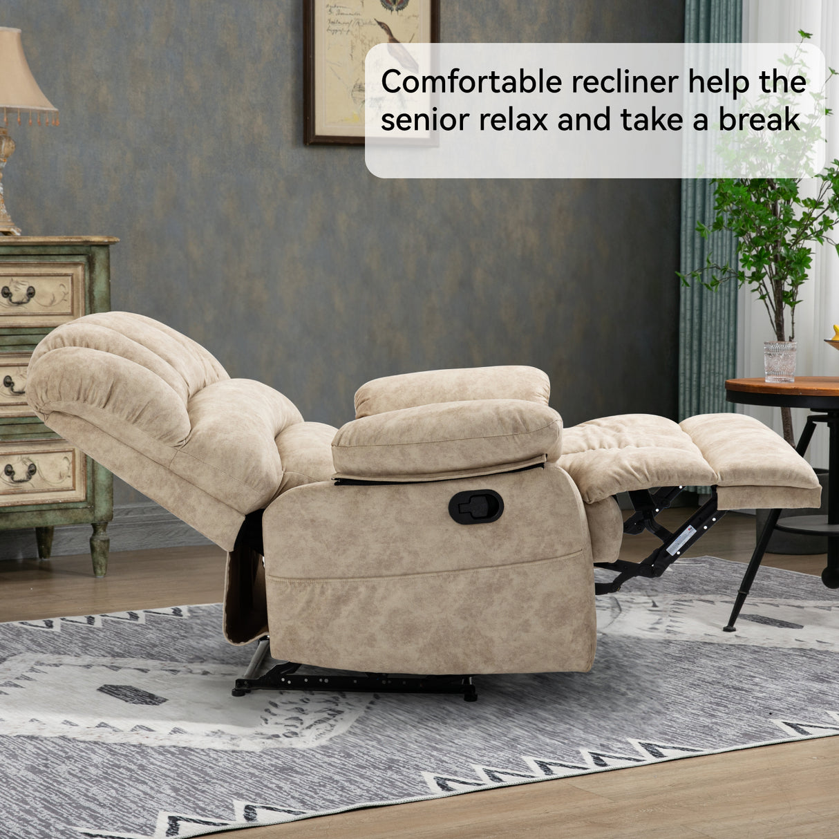 Large Manual Recliner Chair in Fabric for Living Room, Beige - V.I.P Digital Presence
