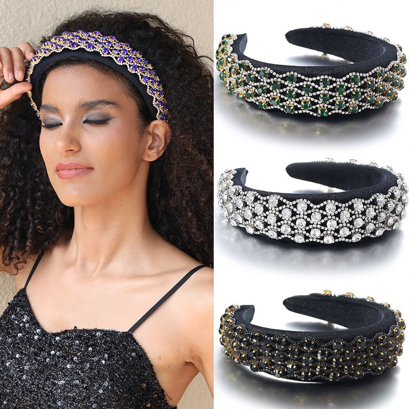 Fashionable full set rhinestone wide edge solid color sponge head hoop - V.I.P Digital Presence