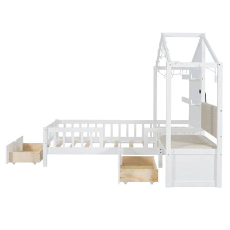 Twin Size House Bed with Upholstered Sofa, House Bed with Charging Station, Wireless Charging, Shelves and Two Drawers, White - V.I.P Digital Presence