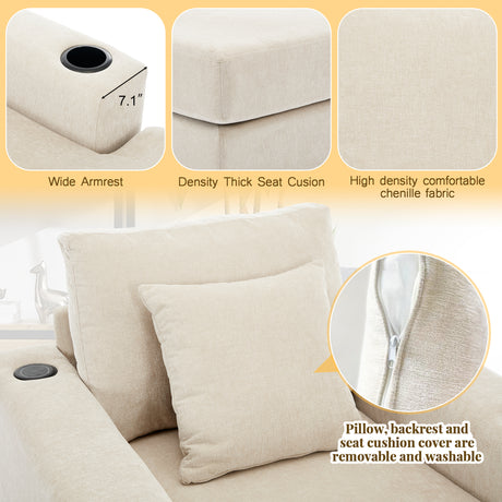 39.7" Oversized Chaise Lounger Modern Style Sofa Couch ,with Pillows, Charge Station & Cup Holders, Chenille Fabric, Cream - V.I.P Digital Presence