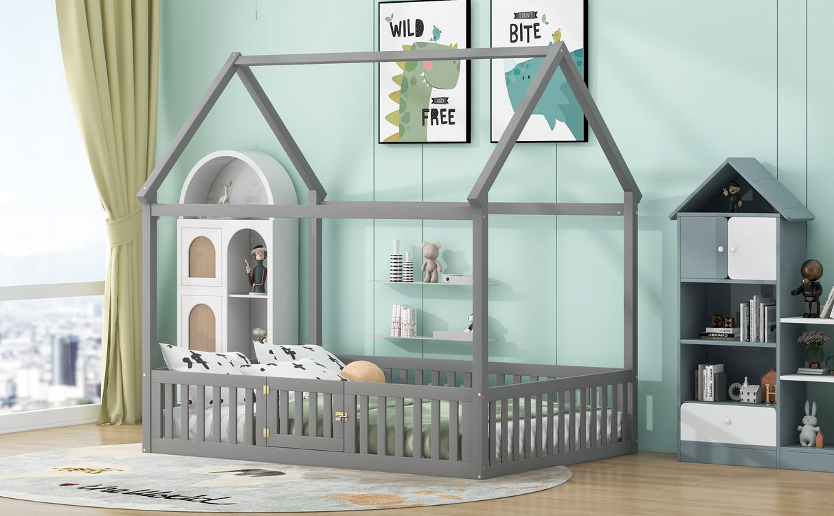 Full Size Wood House Bed with Fence and Door, Gray - V.I.P Digital Presence