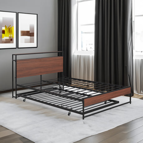 Queen Size Metal Platform Bed Frame with Trundle, USB Ports and Slat Support ,No Box Spring Needed Black - V.I.P Digital Presence