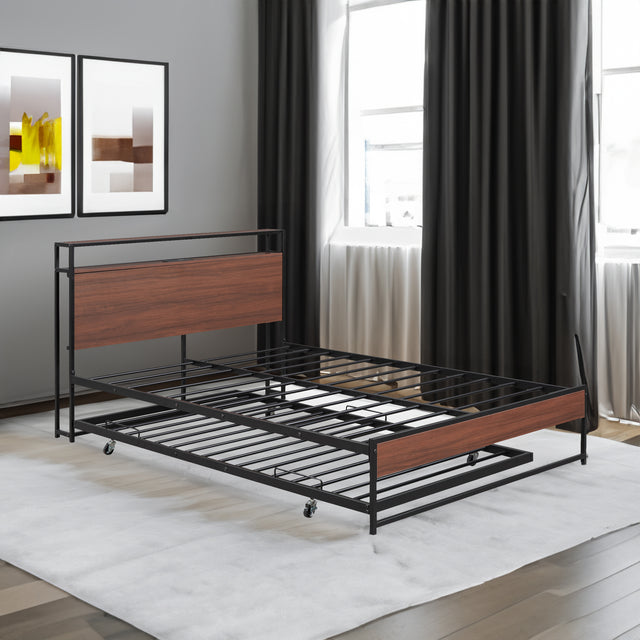 Queen Size Metal Platform Bed Frame with Trundle, USB Ports and Slat Support ,No Box Spring Needed Black - V.I.P Digital Presence