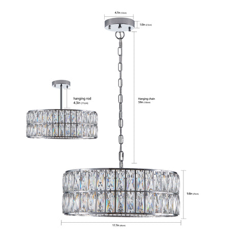 Modern crystal drum pendant light, 6-light pendant light, with silver metal frame (excluding light bulb) - V.I.P Digital Presence