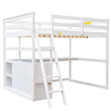 Full Size Loft Bed with Desk and Shelves,Two Built-in Drawers White