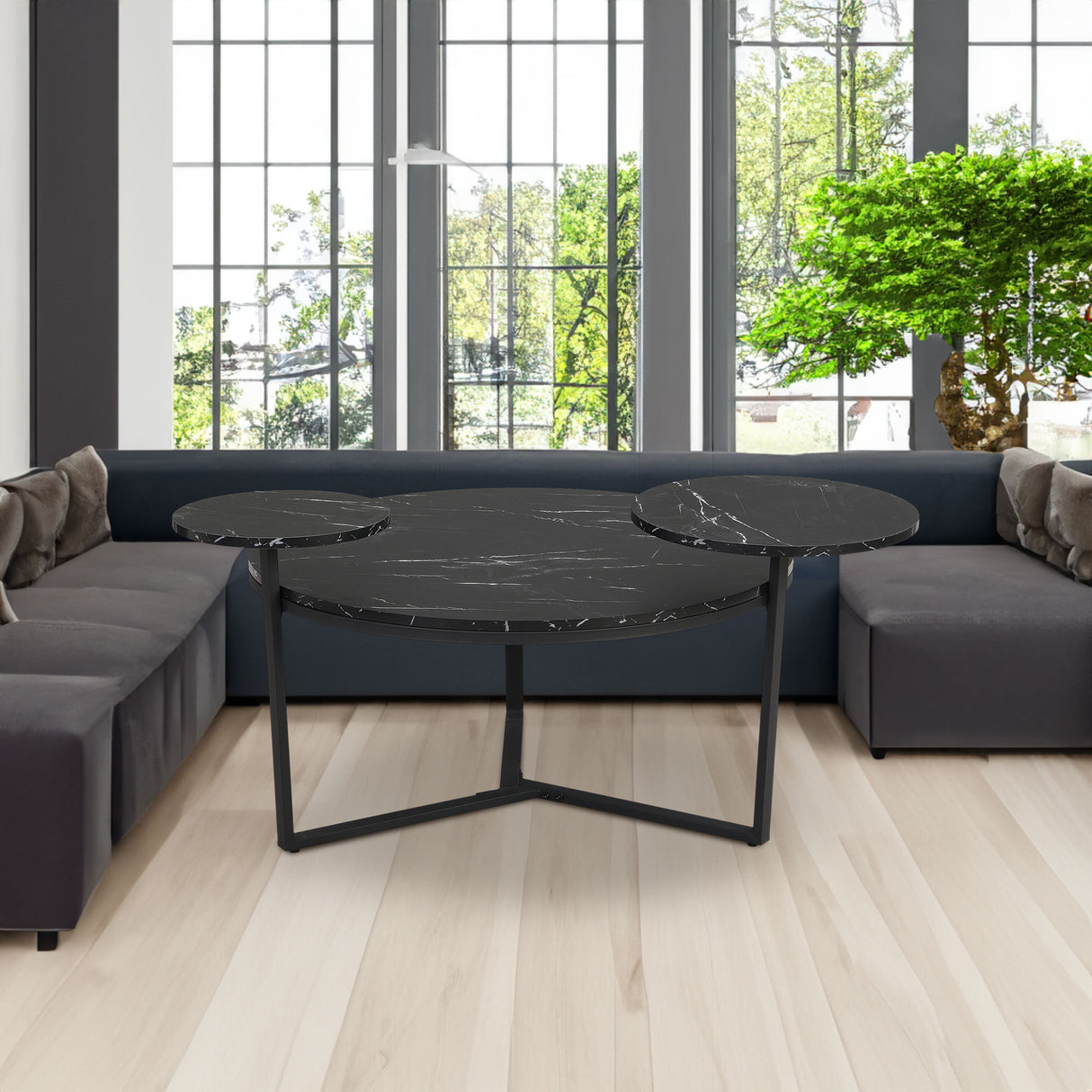 Modern coffee table with two display shelves, Black Faux marble surfaces, Tripod-inspired base,Rounded tabletop edges - V.I.P Digital Presence