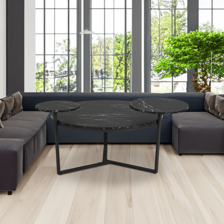 Modern coffee table with two display shelves, Black Faux marble surfaces, Tripod-inspired base,Rounded tabletop edges - V.I.P Digital Presence