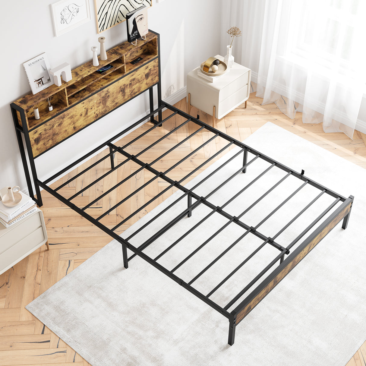 Queen Bed Frame with Storage Headboard Metal Platform Bed with Charging Station Bookcase Storage Black - V.I.P Digital Presence