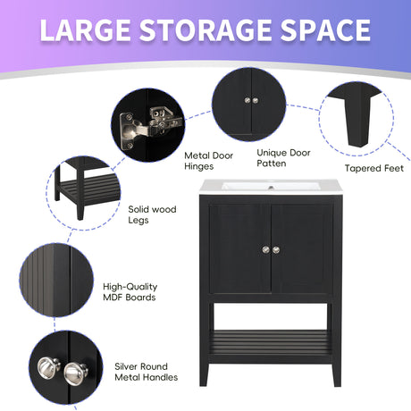 24" Black Modern Sleek Bathroom Vanity Elegant Ceramic Sink with Solid Wood Frame Open Style Shelf - V.I.P Digital Presence