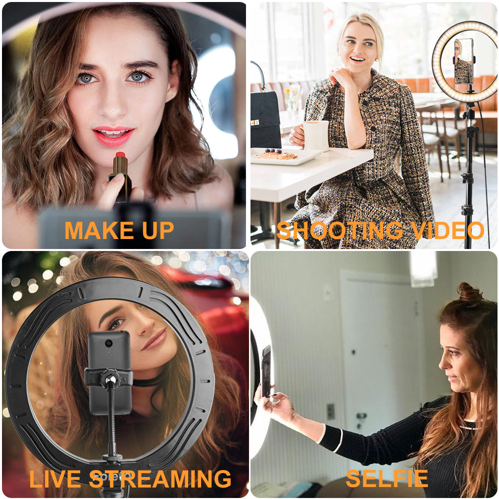 Anillo de luz LED Rovtop de 10 pulgadas y 26 cm con soporte para selfies, trípode y soporte para teléfono de iPhone para fotografía de video.