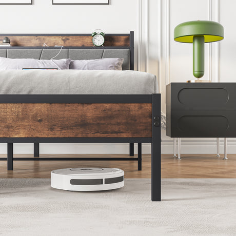 Queen Size Bed Frame Storage Headboard with Charging Station Solid and Stable Noise Free Vintage Brown and Gray - V.I.P Digital Presence