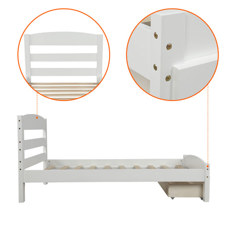 Platform Twin Bed Frame with Storage Drawer and Wood Slat Support No Box Spring Needed White - V.I.P Digital Presence