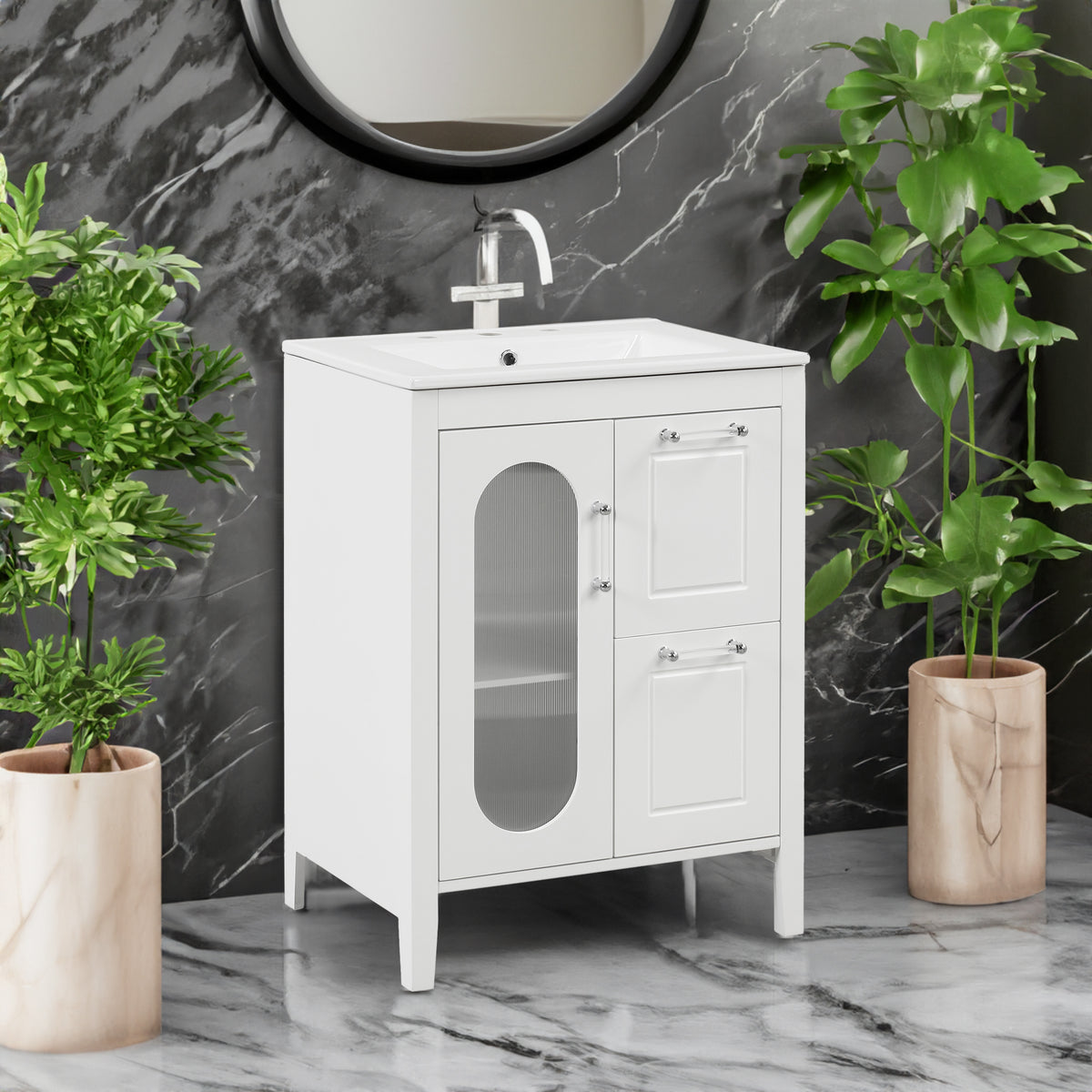 24" Bathroom Vanity with Sink, Bathroom Vanity Cabinet with Two Drawers and Door, Adjustable Shelf, Solid Wood and MDF, White - V.I.P Digital Presence