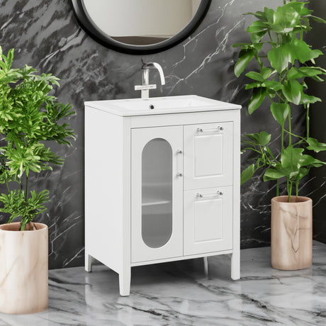 24" Bathroom Vanity with Sink, Bathroom Vanity Cabinet with Two Drawers and Door, Adjustable Shelf, Solid Wood and MDF, White - V.I.P Digital Presence