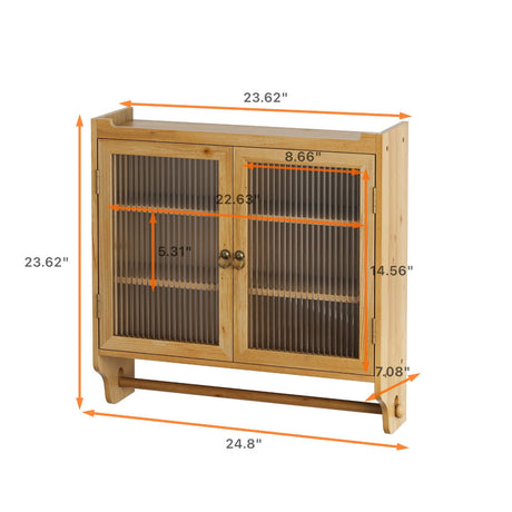 24.8 '' Glass door retro double door wall cabinet with three levels of storage space with towel rack, original wood color - V.I.P Digital Presence