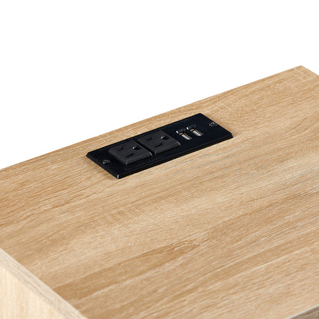 15.75" Rattan End table with Power Outlet & USB Ports  Modern nightstand with drawer and solid wood legs - V.I.P Digital Presence