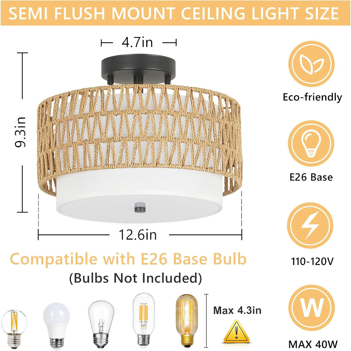 3-Light Semi Flush Mount Ceiling Light Fixture, Boho Rattan Light Fixtures Ceiling, Farmhouse Drum Light with Fabric Shade - V.I.P Digital Presence