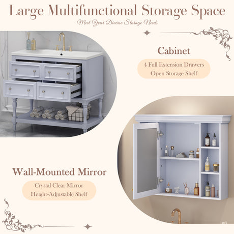 36'' Bathroom Vanity with Medicine Cabinet, Modern Mirror Cabinet with Adjustable Shelf, Bathroom Storage Cabinet with 4 Drawers - V.I.P Digital Presence