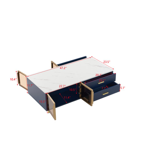 Modern Navy Blue Coffee Table with 2 Glass Door Storage, 4 Drawers, Gold Metal Legs, and Multi-Color Lighting in 47.2'' - V.I.P Digital Presence