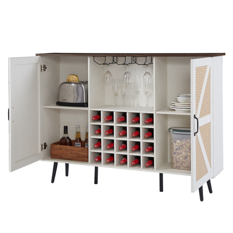White Faux Rattan Barn Door Wine Cabinet with Wine Rack and Wine Glass Rack, Double Door Design with Removable Shelves - V.I.P Digital Presence
