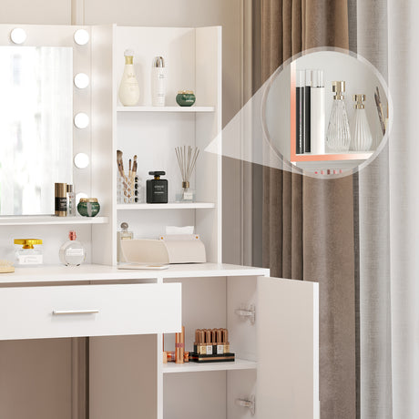 Large drawer with mirror and light, three-layer storage vanity, adjustable brightness for 3 lighting modes (white with stool) - V.I.P Digital Presence