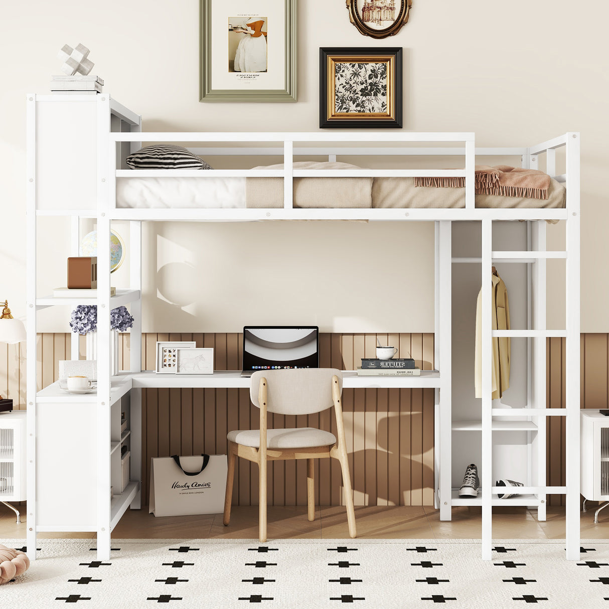 Metal loft bed with wardrobe and L-shaped desk, full-size loft bed with storage cabinet and shelf, white - V.I.P Digital Presence