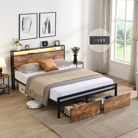 Full size bedstead with storage headboard and 2 drawers, LED light bed with charging station, metal Flat noodles support - V.I.P Digital Presence