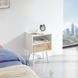 15.75" Rattan End table with drawer and solid wood legs Modern nightstand side table for living room  white - V.I.P Digital Presence