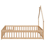 Full House-Shaped Headboard Floor Bed with Fence Natural - V.I.P Digital Presence