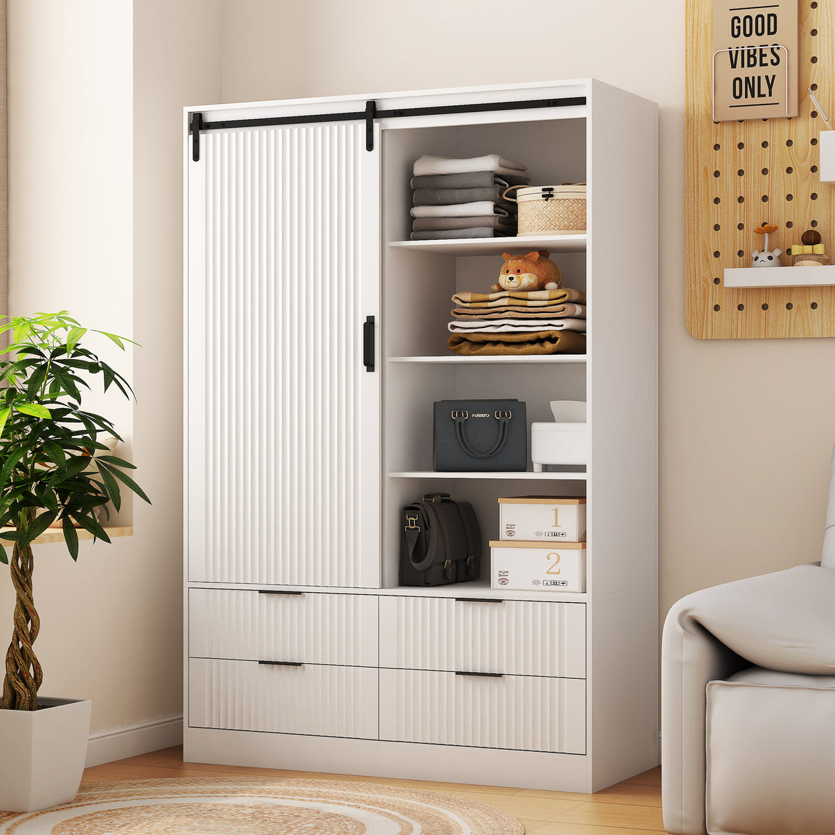 Tall Bedroom Armoire Wardrobe Closet Clothing Storage Cabinet with Hanging Rod Barn Door Drawers Open Shelves,White - V.I.P Digital Presence