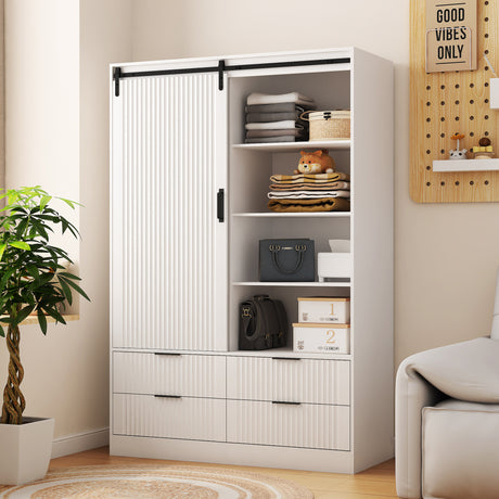 Tall Bedroom Armoire Wardrobe Closet Clothing Storage Cabinet with Hanging Rod Barn Door Drawers Open Shelves,White - V.I.P Digital Presence