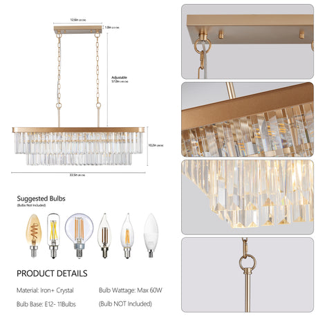 Chandeliers,Rectangular Crystal Chandelier Adjustable,E12 Modern Industrial Crystal Lights (Bulb Not Included) - V.I.P Digital Presence